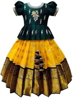 White Button New south Indian traditional pattu pavadai Jecquard Lehenga choli for girls dress