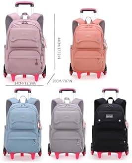 Solid Color Girls Rolling Backpack with Wheels Schoolbag Elementary School Student Trolley Daypack