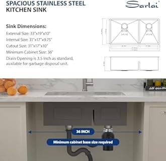 Sarlai 33 Undermount Sink Double Bowl - 33x19 Kitchen Sink Low Divide Undermount Stainless Steel 16 Gauge Round Corner Double Bowl 60/40 Sink Basin