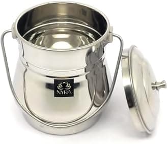 NYRA ® Stainless Steel Milk Pot/Container With Lid | Flat Bottom Dolu For Ghee, Oil, Curd, Grains, Pulses | Dolchi For Milk (1.3 Cylindrical, 1, Stainless Steel Multipurpose Container), 1.3 Liter
