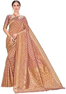 Women's Woven Pure Soft Kanjivaram Silk Saree Banarasi Style With Blouse Piece for Wedding, Copper, Free Size