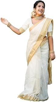 Women's Solid White Color and Gold Border Cotton Blend Saree with Unstitched Blouse Material-Special for Pongal Onam Festival (AZ-YS-OG1-PONGAL, White, One Size, White, One Size