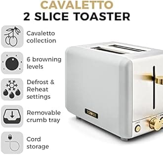 Tower T20036WHT Cavaletto 2-Slice Toaster with Defrost/Reheat, Stainless Steel, 850W, Optical White and Champagne Gold