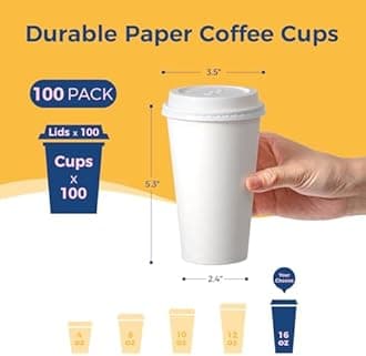 Fit Meal Prep 100 Pack 16 oz Disposable Coffee Cups with Lids, Premium To Go Paper Cups, Leak Proof Hot Coffee Cups with Lids for Travel, Office, Hot/Cold Beverages (White Lids)