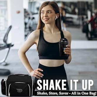 TO GO Meal Prep Bag By Insulated Lunch Meals Bag W/6 Portion Control Containers,2 ICE PACKS, Shaker, Pill Box,With an Adjustable shoulder. bag for meals (black)