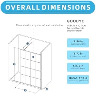 Goodyo 46" x 72" Shower Glass Door Tempered Glass Shower Screen with Towel Rack Tool Bar for Walk in Bathroom, 16-Grid Modern Desigh, Matte Black Finish