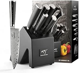Professional Damascus Knife Block Wood Set of 7 with Wood Handle Damascus Knives Kitchen Knife Chef's Block with Sharp Knives