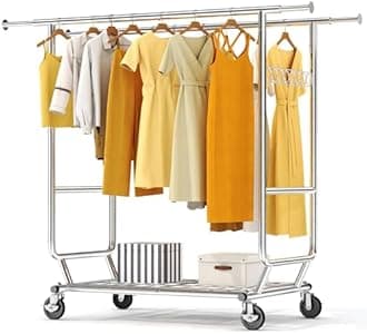 HOKEEPER 600 lbs Commercial Clothing Garment Rack with Shelves Clothing Racks on Wheels Rolling Closet Clothes Rack Heavy Duty Portable Collapsible Adjustable, Chrome Finish