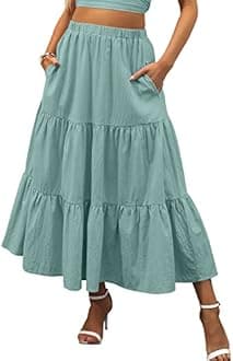 ANRABESS Women’s Summer Boho Elastic Waist Pleated A-Line Flowy Swing Tiered Long Beach Skirt Dress with Pockets
