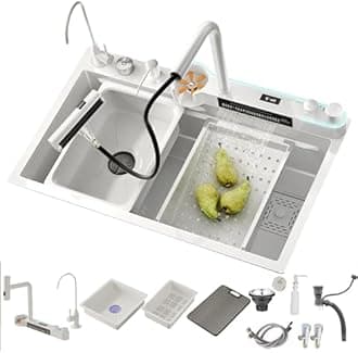 Kitchen Sink Black Stainless Steel Waterfall Kitchen Sink Multifunctional Digital Display Sink with New Dual Mode Faucet and Multiple Accessories (BS-75x45x22CM)