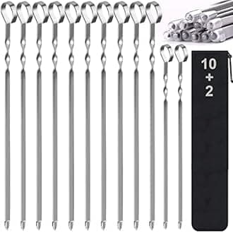 LANNEY Metal Stainless Steel BBQ Barbecue Wide Reusable Grilling Shish Flat Kebab Skewers Sticks Set for Meat Shrimp Chicken Vegetable (16.8" Long) -12 Pack Including Bonus 14-Inch Skewer