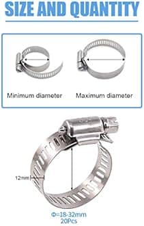 Glarks 20Pcs 304 Stainless Steel Adjustable 18-32MM Range Worm Gear Hose Clamps Assortment Kit, Fuel Line Clamp for Water Pipe, Plumbing, Automotive and Mechanical Application (18-32MM)