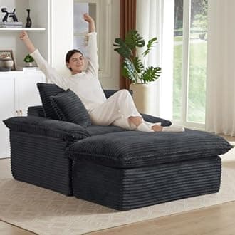 Oversized Chaise Lounge Chair Indoor, Boneless Chaise Lounges with Cup Holders & 3 Pillows, Modern Corduroy Sleeper Sofa Cloud Couch Chair with Wide Arms, No Assembly Required (Dark Grey, 52")