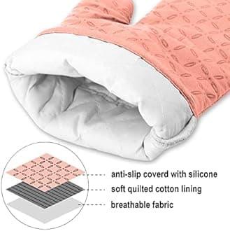 KEGOUU Oven Mitts and Pot Holders 6pcs Set, Kitchen Oven Glove High Heat Resistant 500 Degree Extra Long Oven Mitts and Potholder with Non-Slip Silicone Surface for Cooking (Pink)