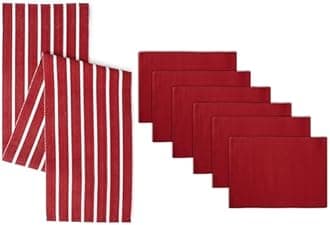 Encasa XO Table Runner and Placemats Set 4 | Fine Ribbed Cotton | Roma Red | 1 Table Runner Size 32x150 cm & Each Table Mat Size 48x32 cm