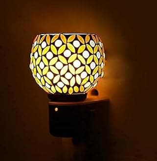Kapur Dani Electrical Camphor Diffuser. Glass Kapoor Dhani & Essential Oil Diffuser with On Off Switch to Toggle Between Burner & Lamp (Yellow Ptti)