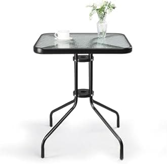 VINGLI Outdoor Bistro Table, 24" Patio Table Steel Frame Tempered Glass Top, Dining Tables for Balcony Garden Poolside (24'' Square)