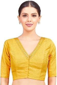 Studio Shringaar Women's Readymade Polyester Elbow Length Sleeves Saree Blouse with Mirror Work
