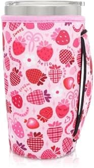 AJLTPA Neoprene Insulated Sleeves Cup Holder with Handle for 20oz Tumbler Cups, Reusable Iced Coffee Sleeve For 30oz - 32oz coffee cups(Lovely Strawberry）
