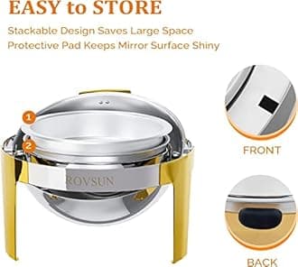 ROVSUN 6QT Round Chafing Dishes for Buffet Gold Accent 3 Pack, Stainless Steel Roll Top Chafer for Catering, Food Warmer with Glass Window for Party Wedding Catering Banquet Graduation Event