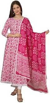 MEERA FAB Women's Cotton Printed Anarkali Kurta with Palazzo & Dupatta Set