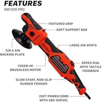 Maxshine MB1200 Pro Rotary Polisher | Brushless 1200W Motor, 5”/6” Plate, 6-Speed, 5/8” Thread | Auto, Boat & Marine Detailing Tool for Paint Correction, Swirl & Scratch Removal, Buffing & Shine