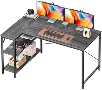 Huuger L Shaped Desk, 47 Inches Computer Desk with Reversible Storage Shelves, for Gaming Corner Home Office Writing Study, Metal Frame, Gray