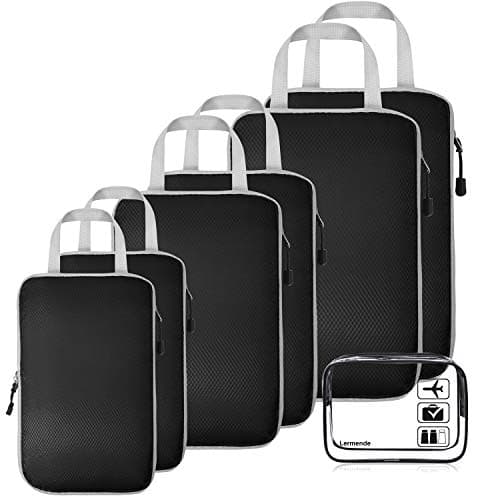 Lermende Compression Packing Cubes Extensible Storage Various Sizes Travel Packing Organizers with TSA Approved Toiletry Bag Set Black 6+1 Set (2L+2M+2S+Toiletry Bag)