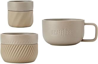 La Cafetière 3pc Coffee Lovers Family Mug Gift Set, with 38ml, 2ml & 1ml Stackable Mugs with Silicone Sleeves for Easy Grip, Almond