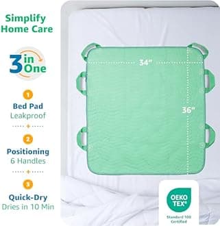 Improvia Positioning Bed Pad with Handles – Quick-Drying, 6-Handle Incontinence Bed Pads – Washable, Waterproof, Reusable Pads for Elderly, Bedridden, Transferring, & Mattress Protection, 34x36 in.