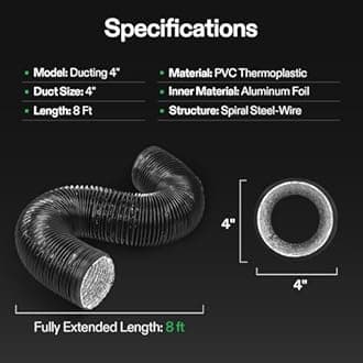 VIVOSUN 4 Inch Aluminum Foil Ducting, 8FT Long Heavy-Duty Dryer Hose Vent Kit, Black Flexible Air Duct with 2 Clamps