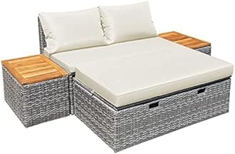 Devoko Outdoor Daybed Set Multifunctional Patio Day Bed Rattan Lounge Bed with 2 Side Tables for Backyard Porch Poolside Lawn Beach (Beige White)