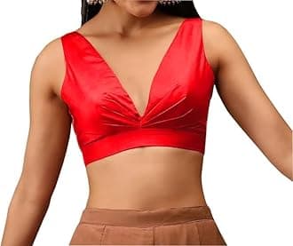 Fashnkart Readymade Indian Bollywood Satin Silk Saree Blouse Women's Solid Plain Top Sleeveless, V-Neckline Sari Choli