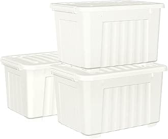 35L*3 Plastic Storage Box,White, Tote box,Organizing Container with Durable Lid and Secure Latching Buckles, Stackable and Nestable, 3Pack, with Buckle