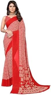 Yashika Women's Trendy Printed Georgette Red Color Saree with Blouse Material