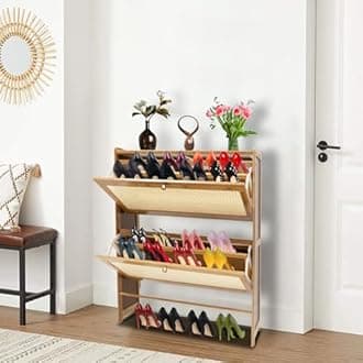 Natural Rattan Shoe Cabinet, Shoe Cabinet with 2 Flip Drawers, Free Standing Shoe Racks, Shoe Cabinet for Entryway Hallway Closet Bedroom (Wood Color, 27.5 * 9.4 * 34.2in)