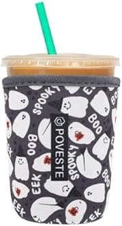 Reusable Neoprene Insulator Sleeve for Iced Coffee & Cold Soda, Coffee Sleeves for Iced & Hot Drinks, Cold Beverage Cooler Compatible with Starbucks, Dunkin (Halloween Boo, Small: 16-18oz)