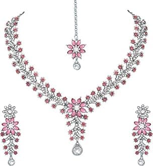 Atasi International Diamond Necklace Jewellery Set for Women with Earrings and Maang Tikka for Wedding, Party, Engagements & Festivals, Regular, Metal, Crystal