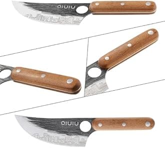OLULU 3PCS Butcher Knives, Premium Stainless Steel Butcher Knife Set with Wooden Handle, 7" Butcher Knife, 7" Serbian Chef Knife and 6.5" Viking Knife, Gift Box (Unique Finger Hole and Pattern)