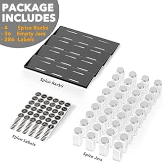 SpaceAid Spice Drawer Organizer with 36 Spice Jars, 386 Spice Labels, 4 Tier Seasoning Rack Tray Insert for Kitchen Drawers, 16.75" Wide x 17.5" Deep
