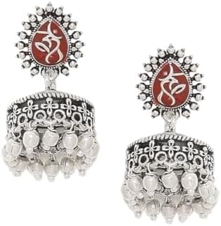 VOYLLA Brass Moksha Metal Embellishments Style Jhumki Earrings for Women and Girls, Silver