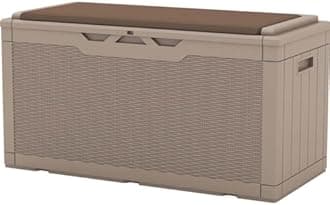 Patiowell 100 Gallon Resin Deck Box with cushion, Waterproof Large Outdoor Storage Box for Patio Furniture and Garden Tools, Light Brown