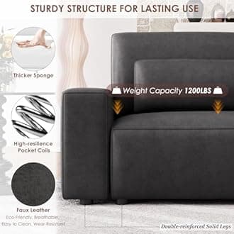 HIFIT 105" Black Faux Leather Sofa Couches for Living Room, Modern Comfy Couch with 28" Deep Seat & Fluffy Cushion, 4-Seater Home Sofa Living Room Furniture for Office with 2 Pillows, Solid Wood Frame