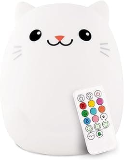 Lumipets Clive The Cat Squishy Silicone Night Light for Kids | Cute Night Light with Remote & Touch Control for Baby & Toddler Bedrooms | Color Changing Portable Animal Nightlight | Kids Mood Lamp