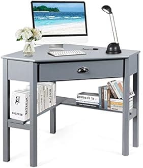 Tangkula Corner Desk, Corner Computer Desk, Wood Compact Home Office Desk, Laptop PC Table Writing Study Table, Workstation with Storage Drawer & Shelves (Grey)