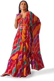 Womanista Women's Printed Georgette Leheriya Ruffle Saree (TI6349_Multi)