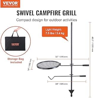 VEVOR Swivel Campfire Grill, Fire Pit Grill Grate over Fire Pits, Heavy Duty Steel Grill Grates, 360° Adjustable Open Fire Outdoor Cooking Equipment, Portable Camp Fire Racks for Camping Outdoor BBQ