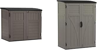 Suncast Modernist 4' x 2.5' Lockable Outdoor Garden Resin Low Profile Horizontal Storage Shed with 3 Doors, 34 Cubic Feet, Gray & 54 cu. ft Resin Vertical Lockable Storage Shed, Stoney, BMS5700SB
