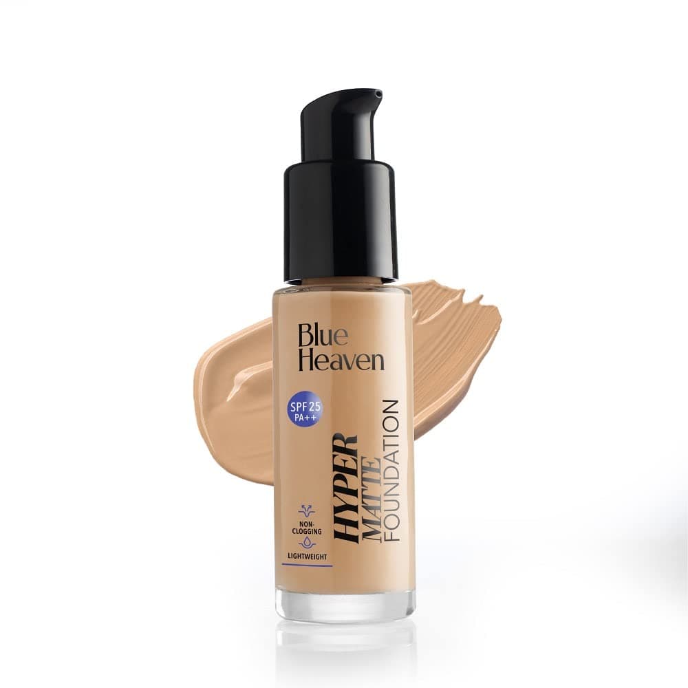 Blue Heaven Hyper Matte Foundation for Face Makeup with SPF 25 PA++, Matte Finish, Non Pore Clogging, Light Weight Formula, Medium Coverage for All types of Skin, Cream 302-Honey Tan, 30ml