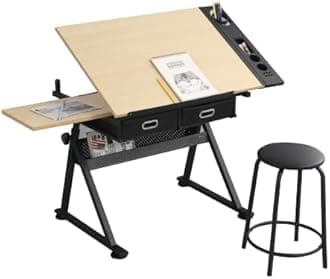 Kelligo Adjustable Drafting Table, Adjustable Drawing Drafting Table Desk with 2 Drawers for Home Office and School with Stool (White Oak)